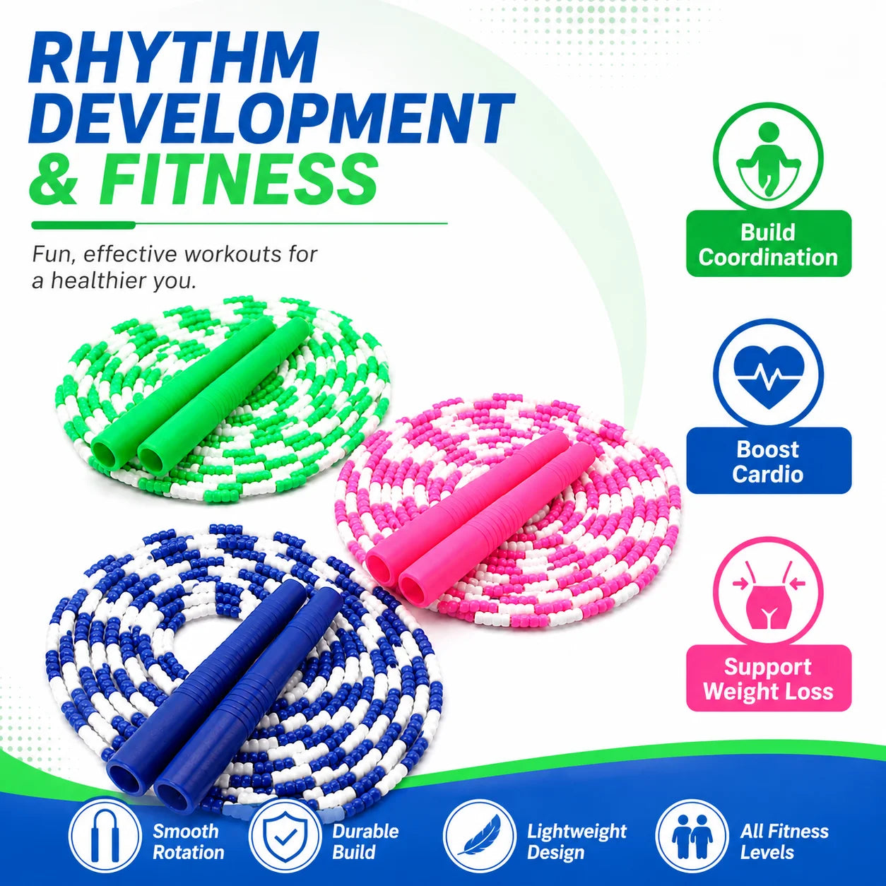 Jump Rope, 3 PCS Adjustable Length Tangle-Free Segmented Soft Beaded Skipping Rope, Fitness Workouts Jump Rope for Man Women Weight Loss 9.2 Ft