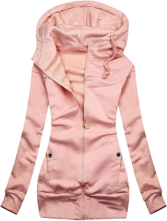 Sweatshirt for Women,Solid Pockets Jacket Zipper Hoodies Casual Tunic Long Sleeve Coat Hooded Jacket Outwear Pink