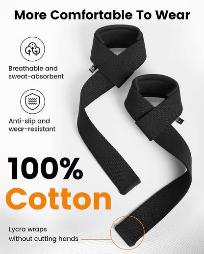 Lifting Straps 100% Cotton, Wrist Straps for Weightlifting, Deadlift, Bodybuilding, Powerlifting, Gym Straps Padded Neoprene with Wrist Wraps for Grip Strength, Strength Training