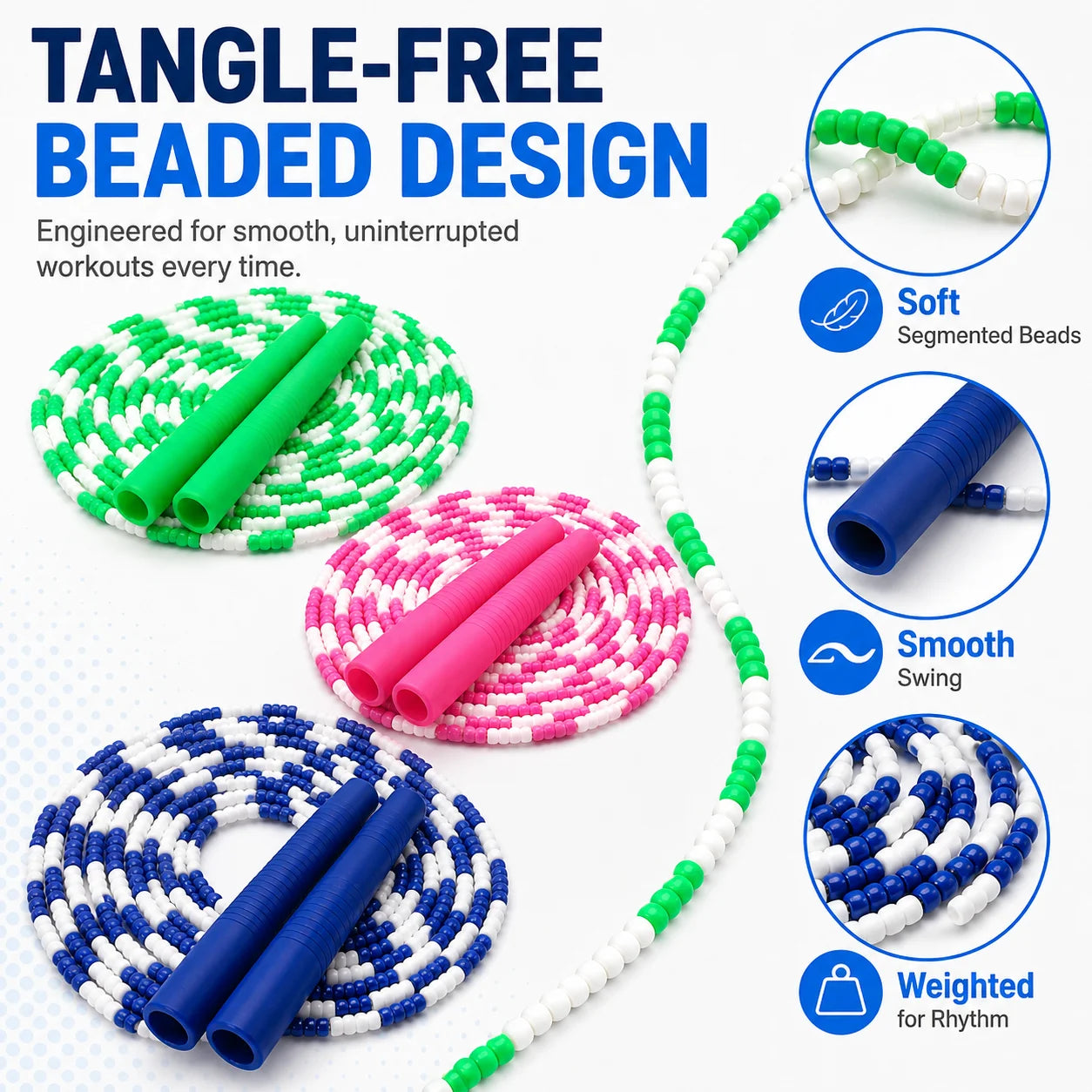 Jump Rope, 3 PCS Adjustable Length Tangle-Free Segmented Soft Beaded Skipping Rope, Fitness Workouts Jump Rope for Man Women Weight Loss 9.2 Ft